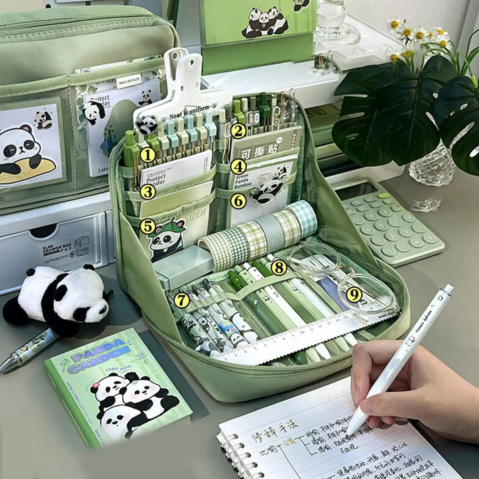 Geschenkbox mit großem Fassungsvermögen, Panda-Briefpapier-Set, Federmäppchen, üppiges Lernpapier, niedliches Schulmaterial für Studenten