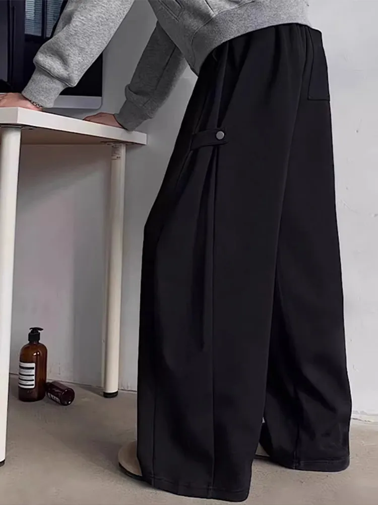 

Men's Strap Design Sweatpants Spring American Simple Casual Fashion Loose Solid Color Elastic Waist Pleated Trousers