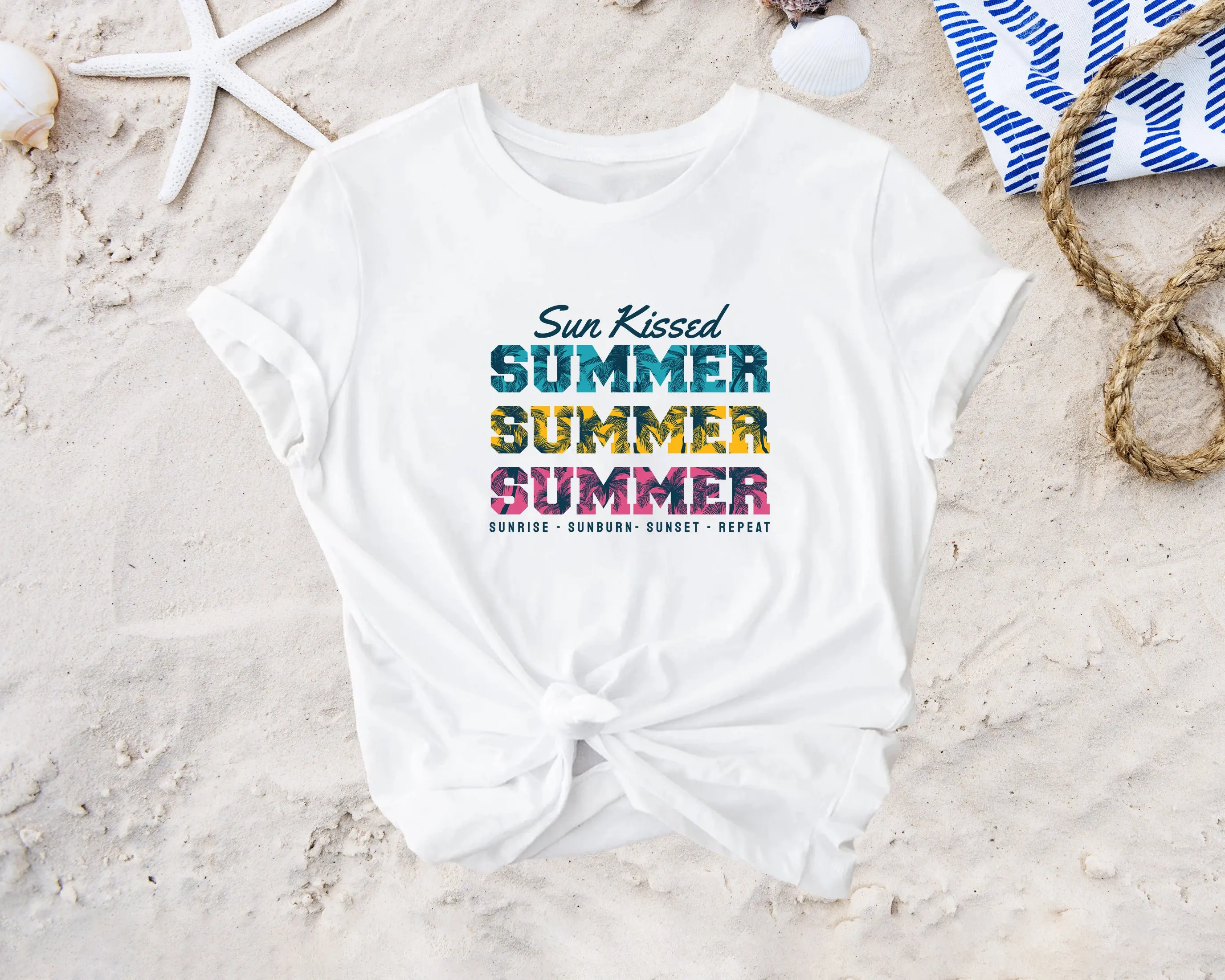 Sun Kissed Summer T Shirt Sunrise Sunburn Sunset Repeat Vacation Trip Season Vibes