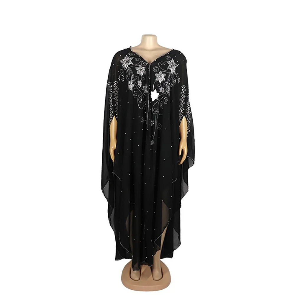 African Dress With Hood For Woman Chiffon Fabric Hot Fix Rhinestone And Beading Craft 2020 Fashion Robe For Lady