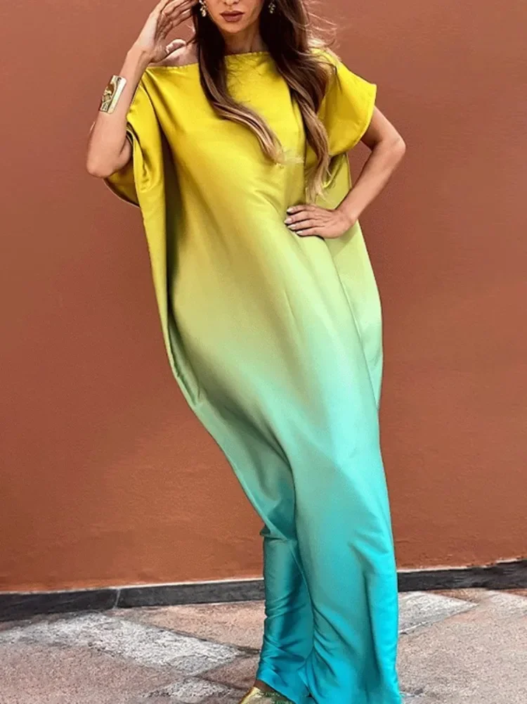 UOOZEE 2025 New Fashion Gradient Color Vacation Maxi Dress For Women Loose Short Sleeves One-Shoulder Elegant Party Prom Dress