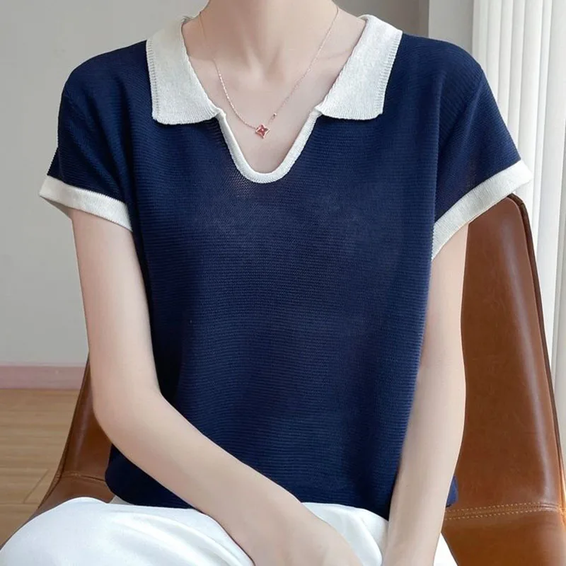 

Elegant V-Neck Spliced Short Sleeve All-match Blouses Women's Clothing 2025 Summer New Loose Korean Tops Office Lady Shirts