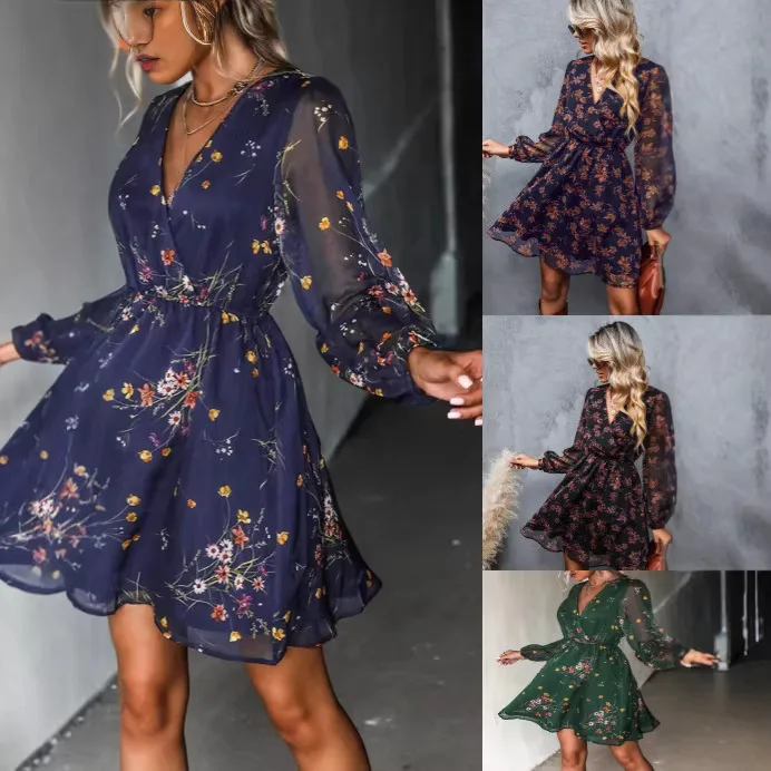 

2026 Spring Summer New V Neck Elegant Chiffon Print Floral Dress Women Spring See Through Long Sleeve Dress