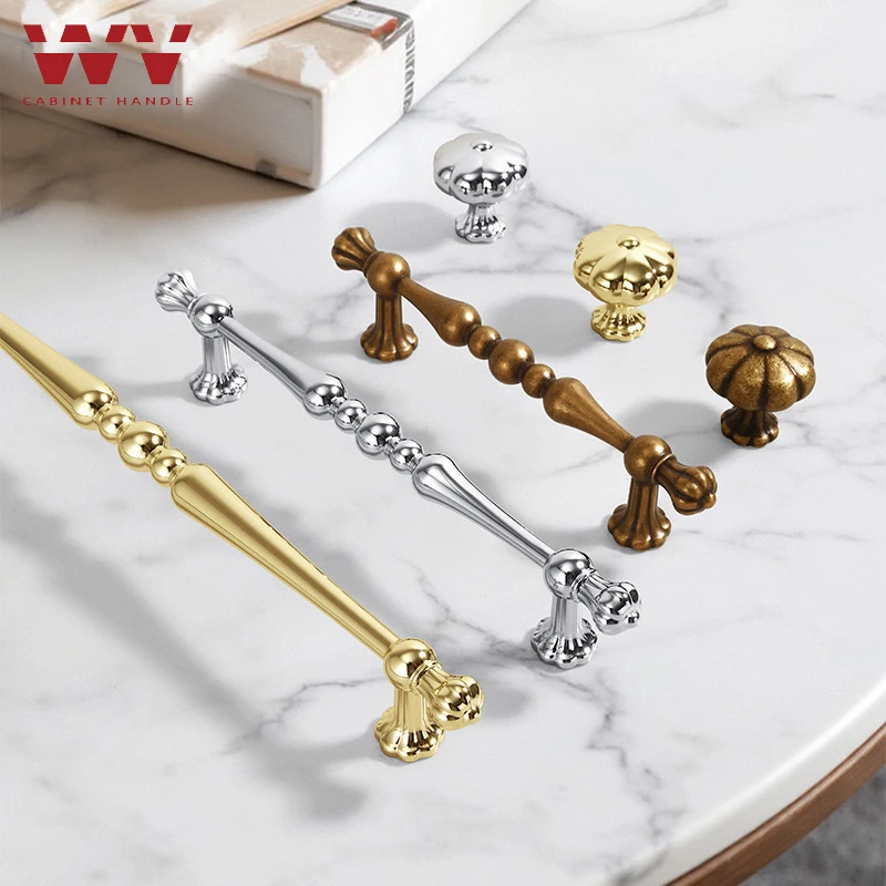 

WV French style luxury wardrobe door handles high-end zinc alloy cabinet drawer pulls, golden antique wine cabinet single hole