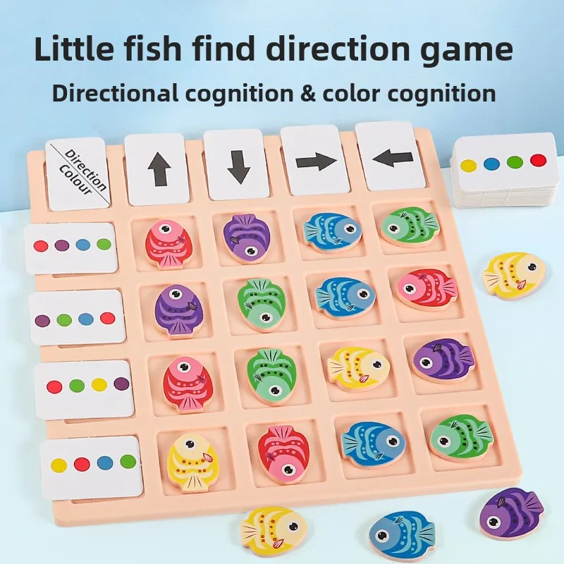 Kids Montessori Wooden Board Game Fish Direction Logical Thinking Training Color Cognition Educational Battle Toddler Toy Gift