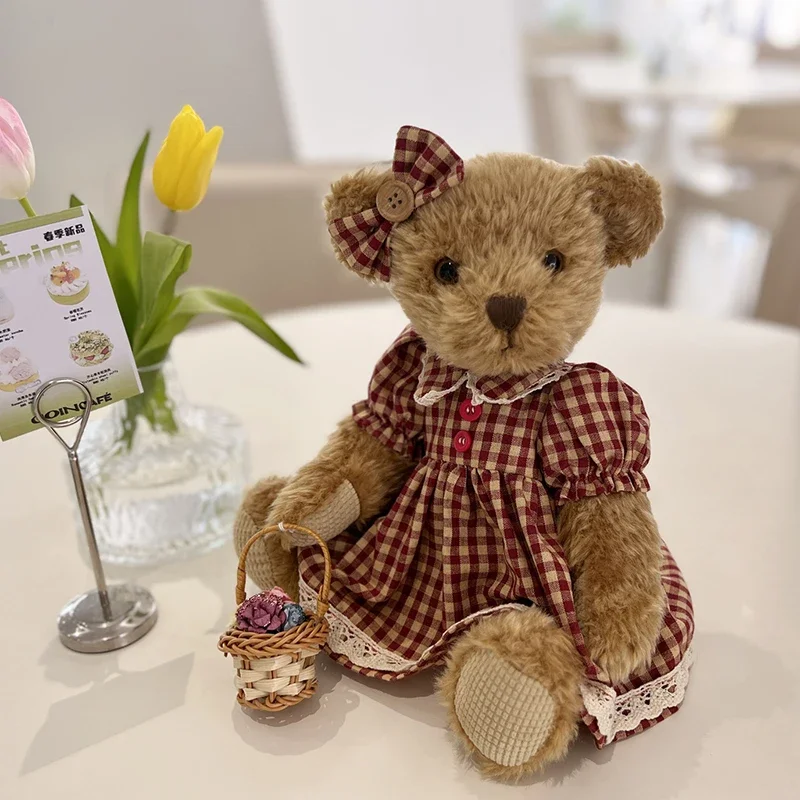 Cute Teddy Bear Plush Toys with Flower Basket Stuffed Animal Plush Joint Teddy Bear Doll Joints Can Move Toys Christmas Gift