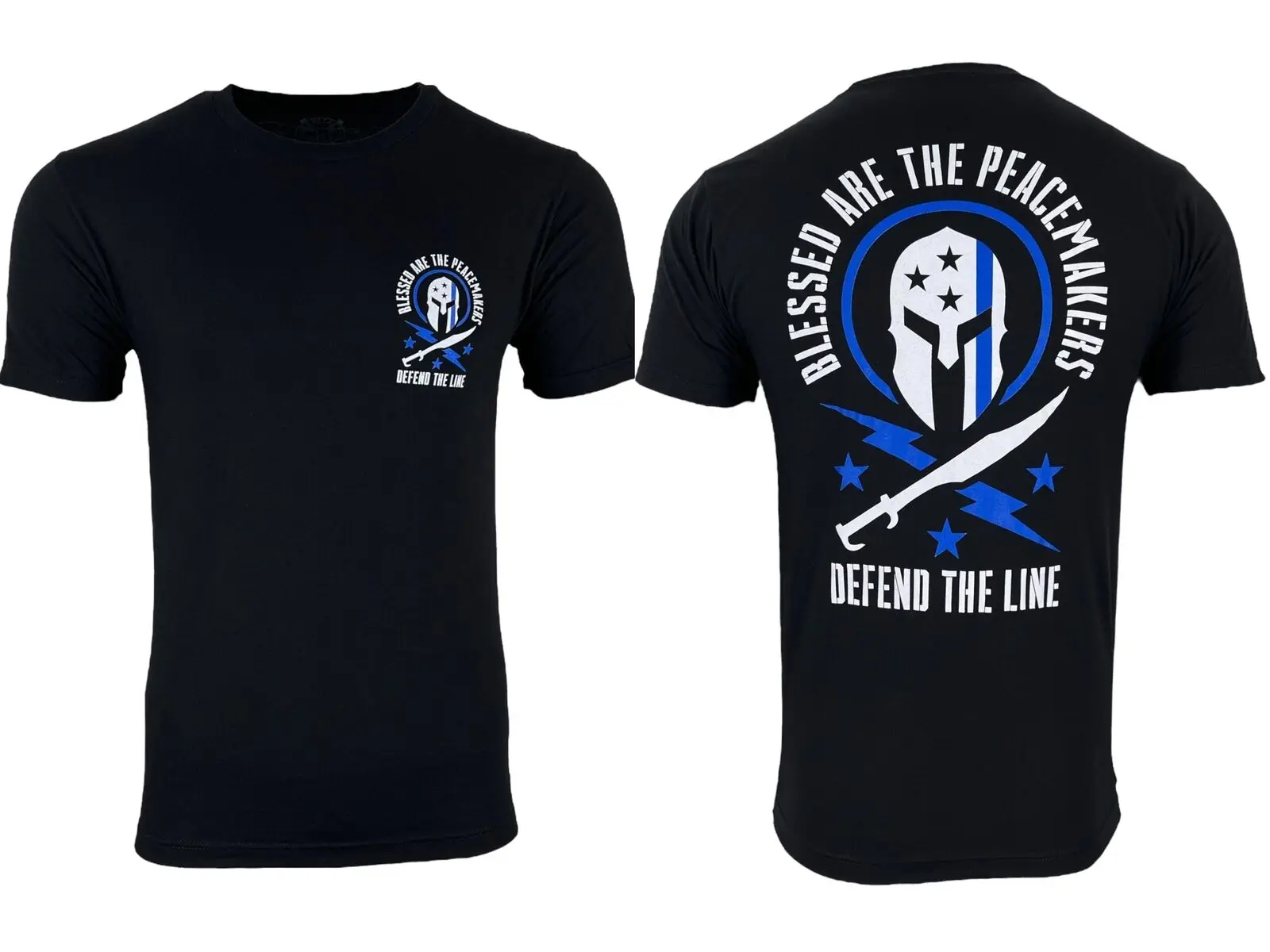 Blessed Are The Peacemakers | Blue Line Spartan Helmet Grunt T-Shirt 100% Cotton O-Neck Short Sleeve Summer Casual Mens T-shirt