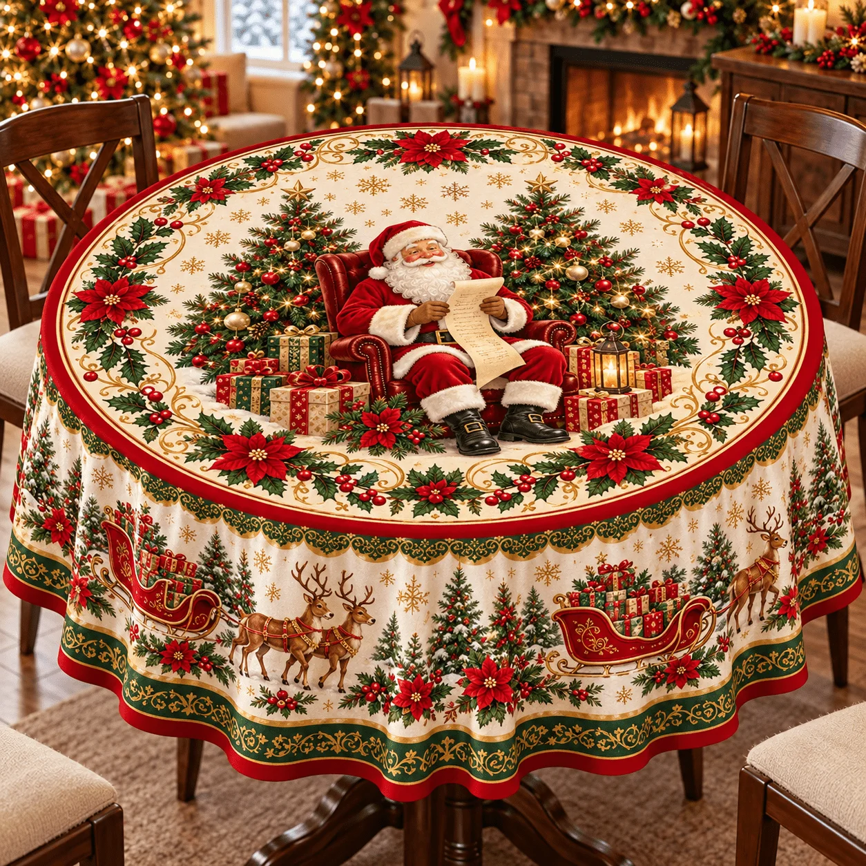 1 round tablecloth, vintage Santa with reindeer sleigh, Christmas tree and gift print, table decoration