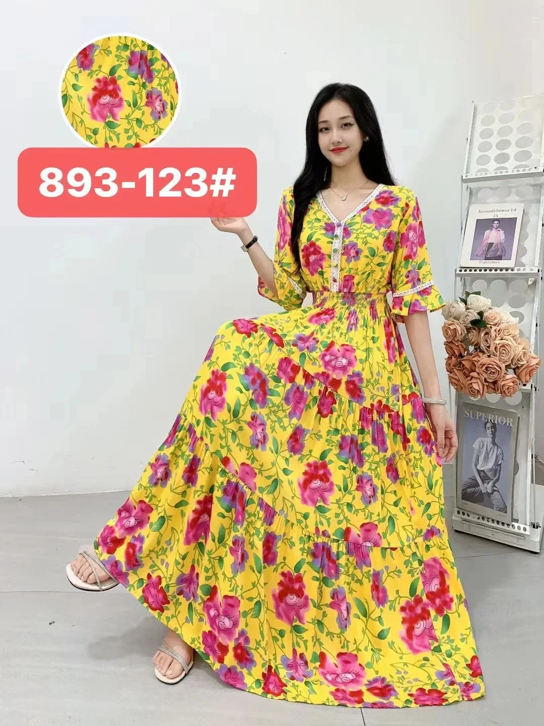 Loose Summer Dress Women Bohemian Korean Style Polka Dot and Floral Cotton Maxi Print Beach V-Neck Casual Vintage Vestidos Robe