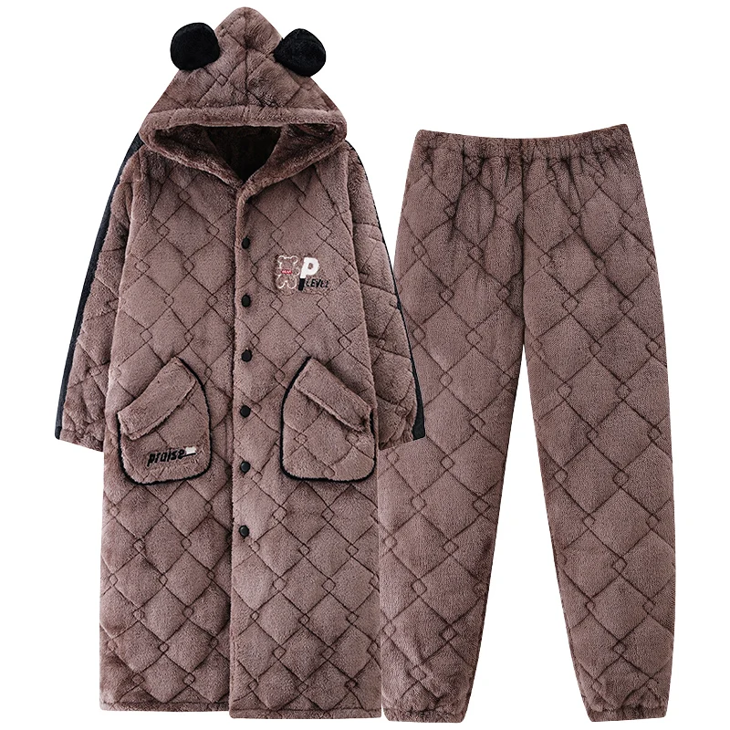 

Big Size M-2XL Winter Men Bath Robe+Pant 3 Layer Clip Cotton Hooded Robe Male Thick Dressing Gown Pijamas Hombre