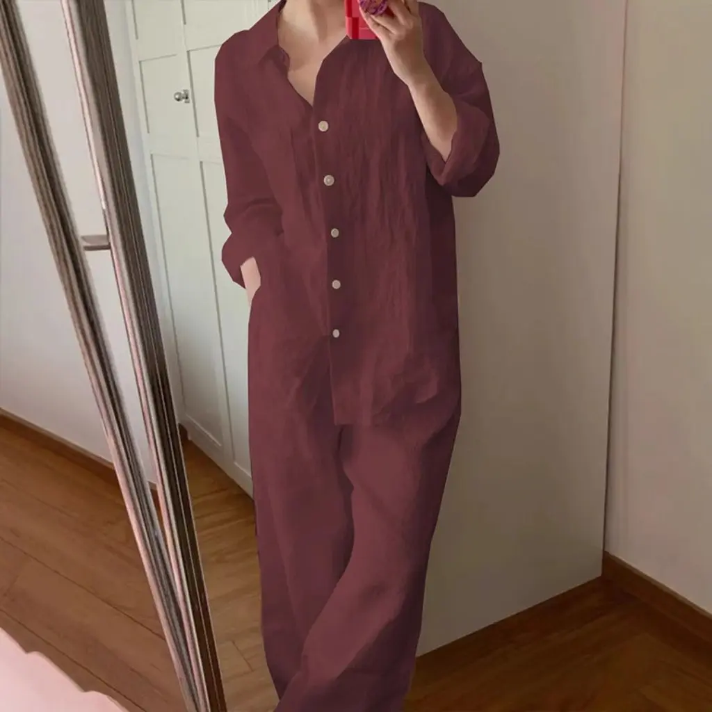 

Белый льняной комплект из двух предметов для женщин, свободная рубашка для ленивого кроя с широкими брюками, модная оптовая продажа в Юго-Восточной Азии