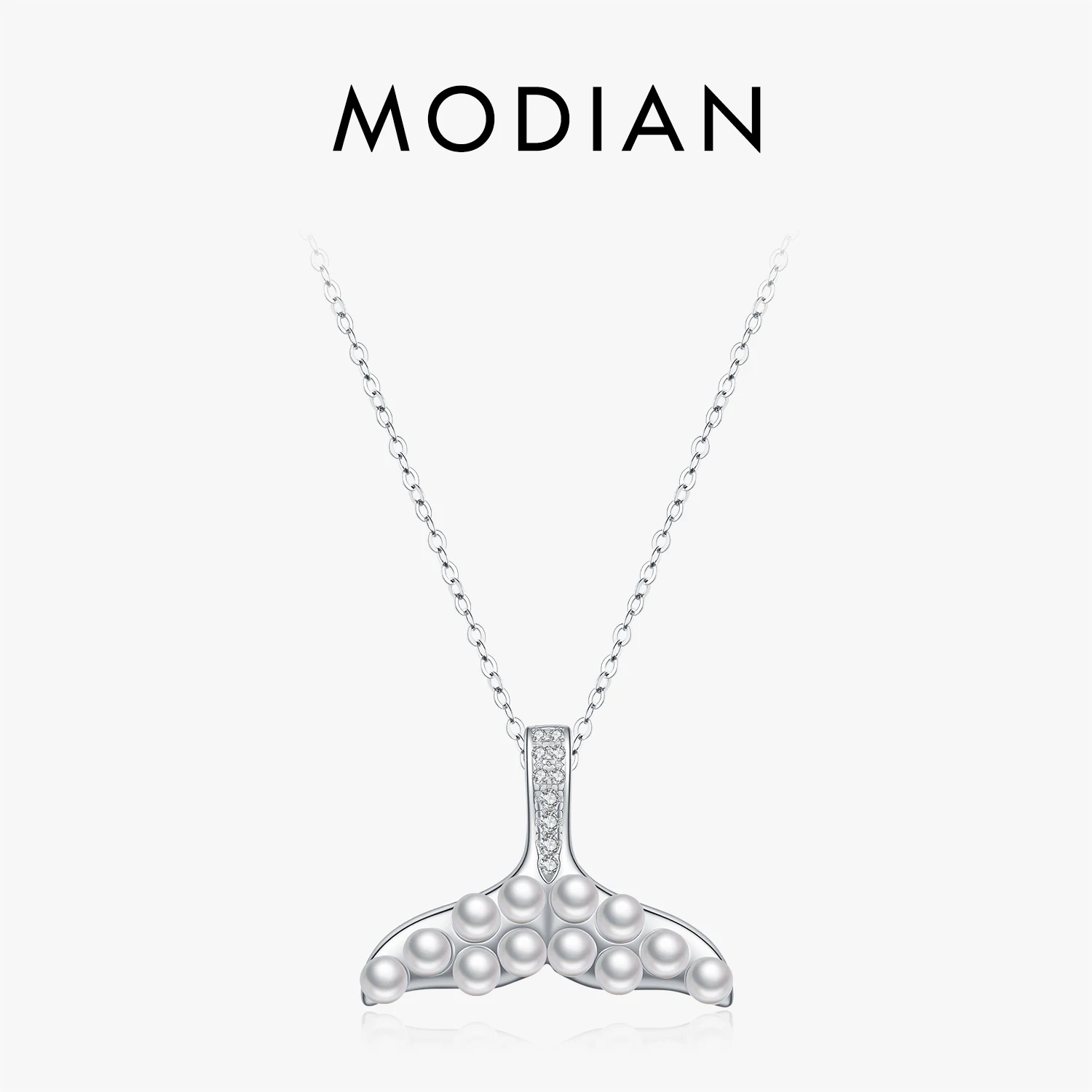 

MODIAN 925 Sterling Silver Trendy Elegant Pearls Fish Tail Link Chain Pendant Necklaces For Women OL Fine Jewelry