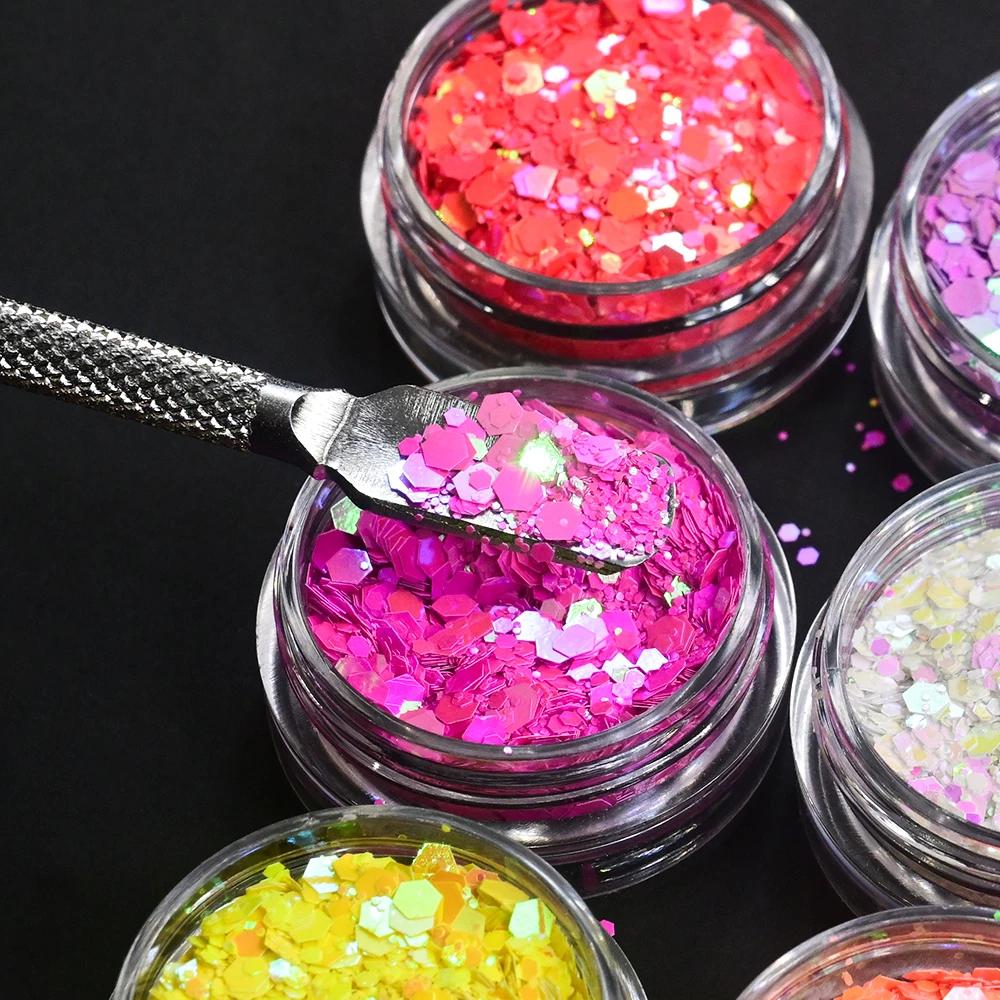 12 vasetti olografici glitter per unghie paillettes iridescente macaron esagono fetta scaglie per smalto gel glitter per unghie accessori per manicure