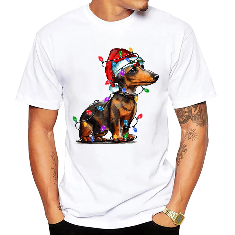 Funny Christmas T Shirt Unisex Cute Christmas Lights Dog Gifts Graphic Merry Christmas dachshund Tshirt Kawaii Short-sleeved Tee