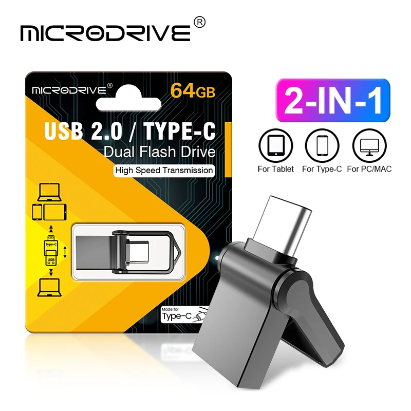 Mini USB Flash Drive para Laptop e Desktop, Memory Stick, Metal Tipo C U Disco, Caneta de alta velocidade, 2 em 1 OTG, USB 2.0, 32GB, 64GB, 128GB