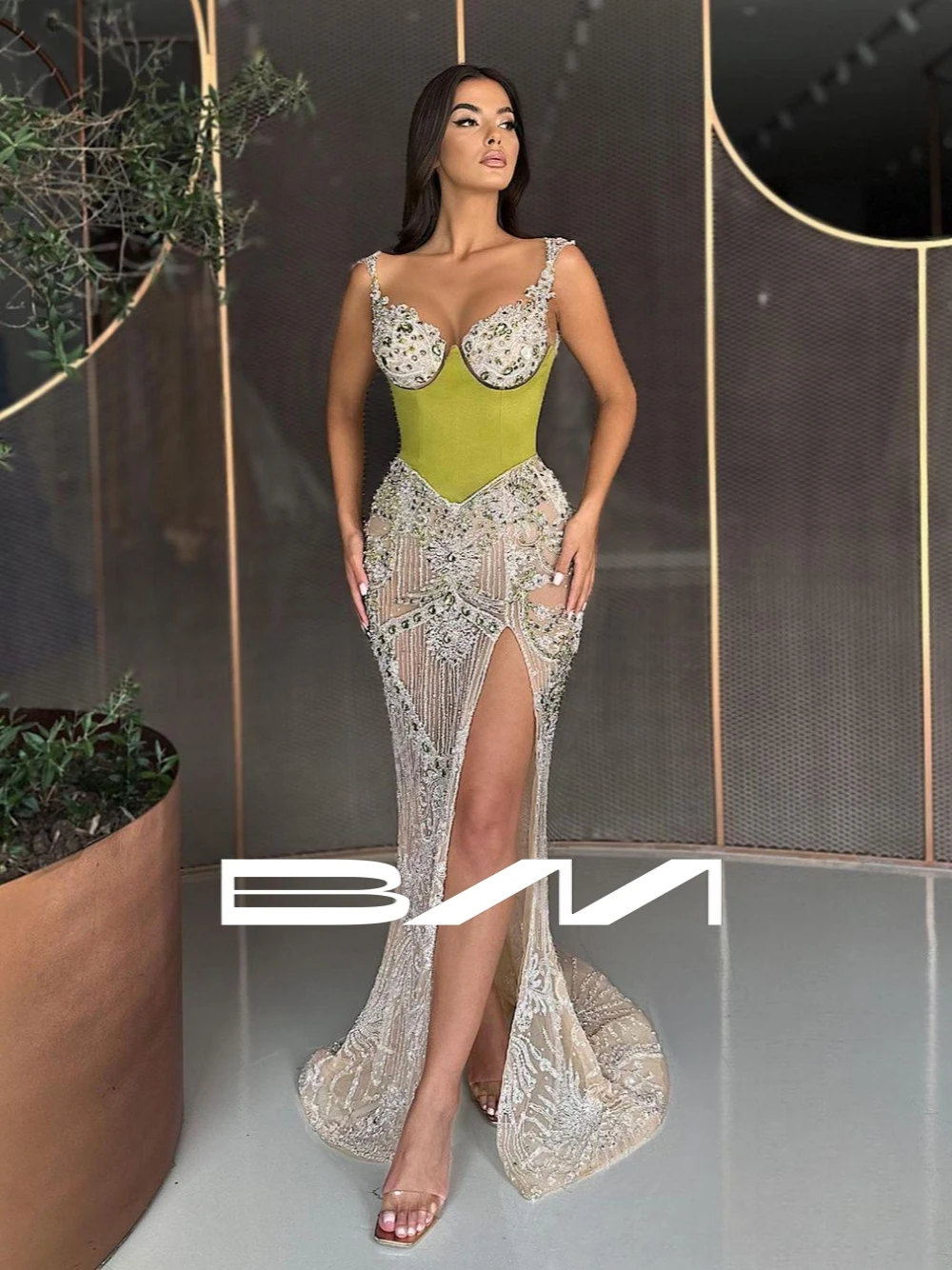 

Newest Sexy Illusion Mermaid Evening Dress With Thin Straps Dazzling Crystals Sequins Cocktail Gown Customized Fitted Waist
