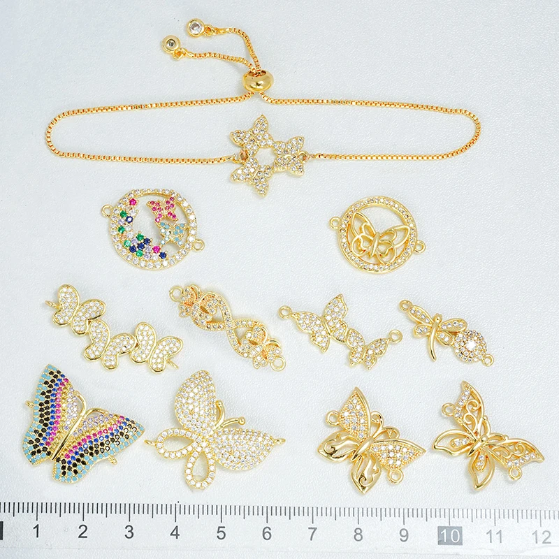 3 Pcs Pave Inlay Color Zircon Butterfly Connector Diy Jewelry Accessories Dragonfly Round Hollow Parts Bracelet Necklace Making