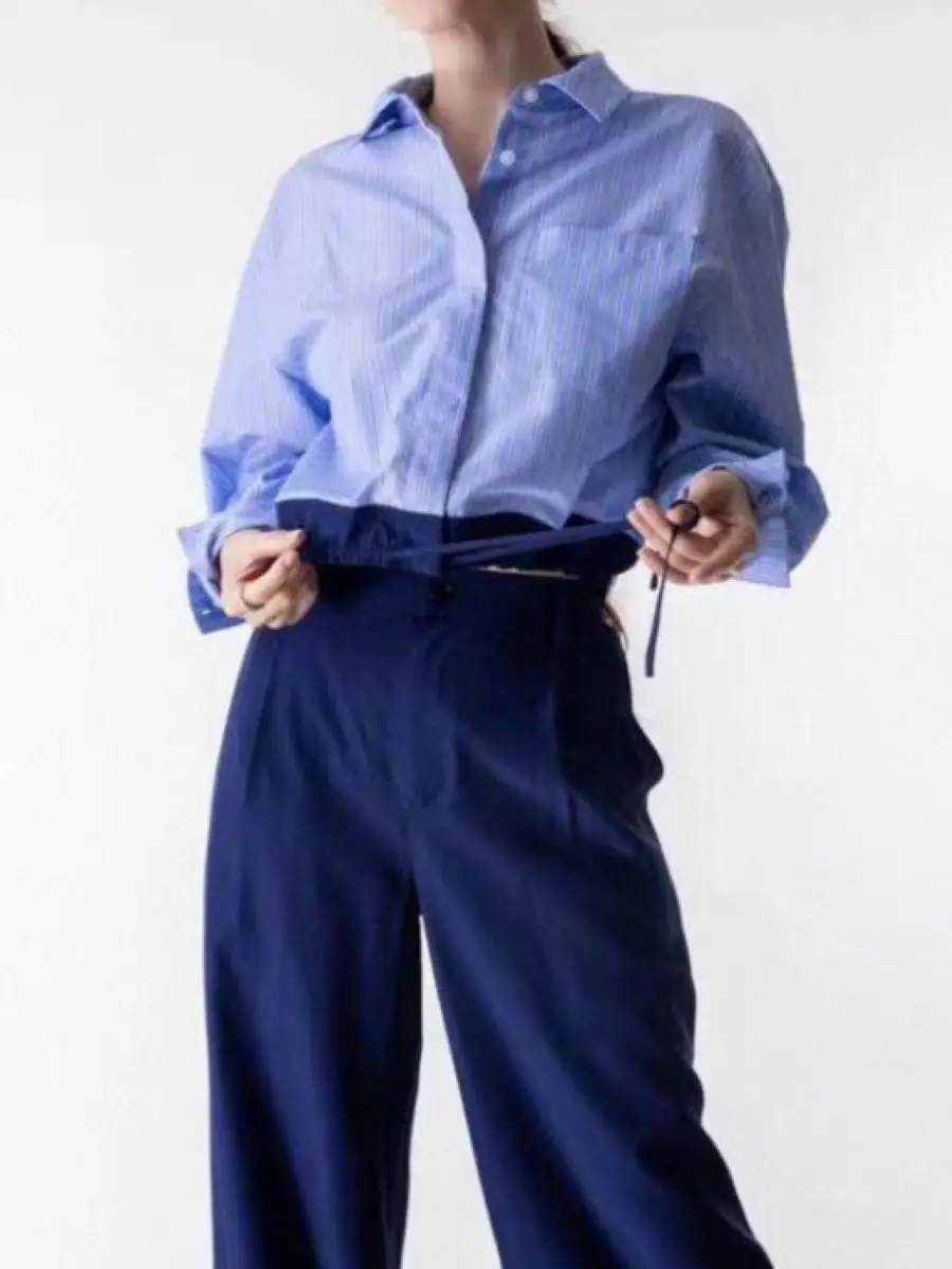 

Women Striped Blouse Top Long Sleeve Single Breasted Turn-down Collar Elastic Waist Casual Female Shirt