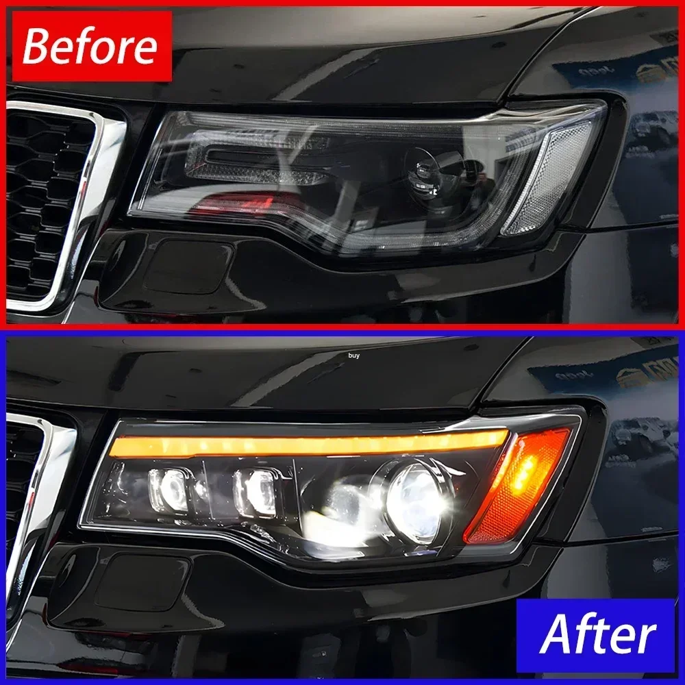 

Автомобильные фары для Jeep Grand Cherokee 2014-2021: Светодиодные передние фары в сборе, обновленные, с динамическими 3-линзовыми проекторами, аксессуары для авто