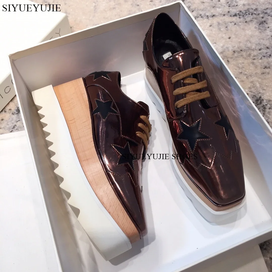 عالية الجودة الجلود نجوم الدانتيل يصل السيدات ستيلا أحذية مكتنزة حذاء بدون كعب النساء الارتفاع زيادة منصة مسطحة حذاء بكعب ويدج