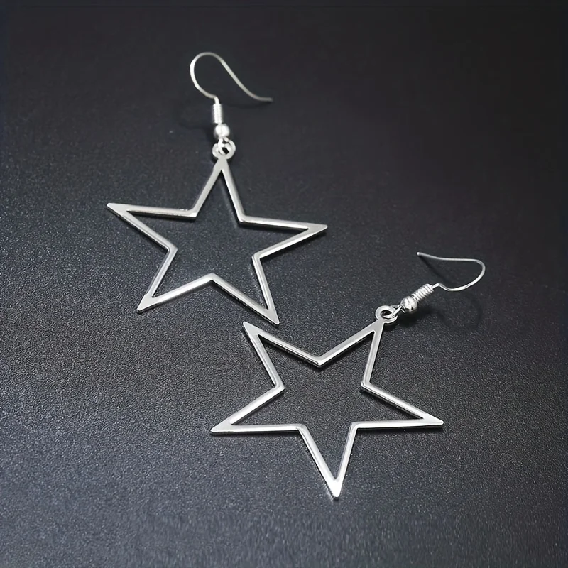 Hollow Big Star Earrings Silver Color Pentagram Dangle Earrings For Women Girls image 2