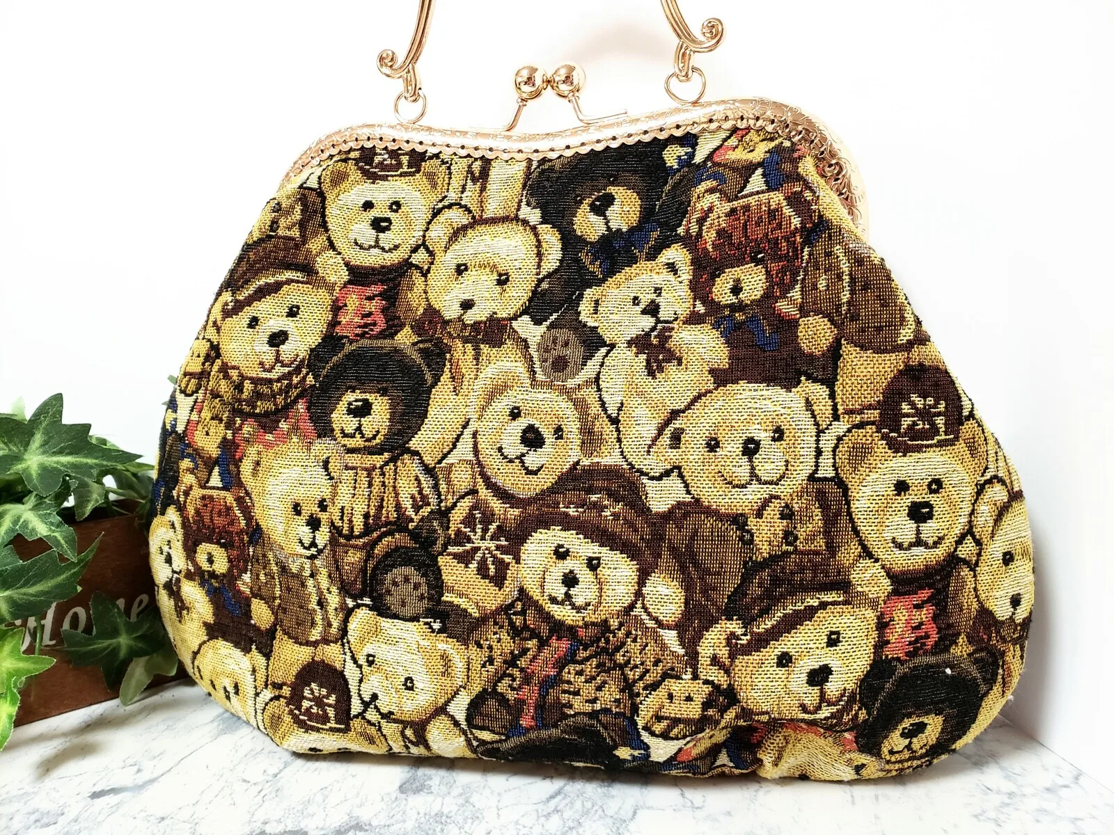 Lost in Vintage Teddy Bear Petite Point Print Purse Clutch Petite Point Handbag Metal Kiss Lock Pouch Evening Bags 30x25x6cm