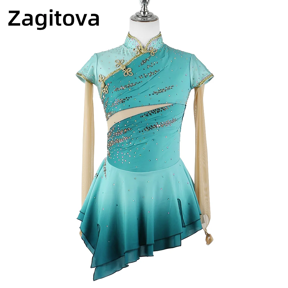 Zagitova Eiskunstlaufkleid für Damen und Mädchen, Mintgrün, Eislaufrock, Cheongsam, Leistungswettbewerb, Kostüm im chinesischen Stil