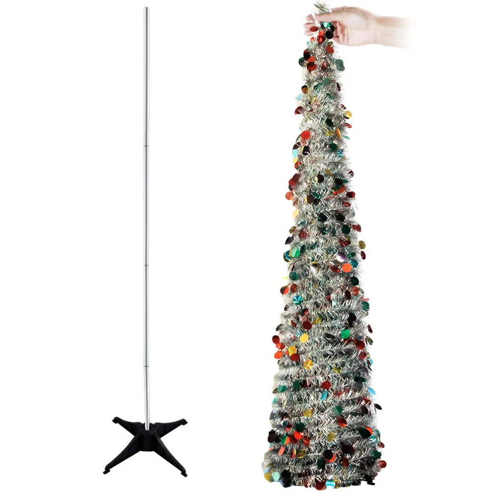 1Pcs Pet Plastic Foldable Telescopic Christmas Tree 150cm Eco Friendly Silver Colorful Christmas Party Home Decoration
