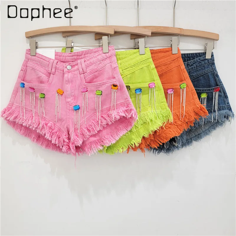 

Beaded Tassel Pink High Waist Denim Shorts 2024 Summer Sexy Hot Girl Straight Shorts A- Line Colorful Crystals Womens Shorts