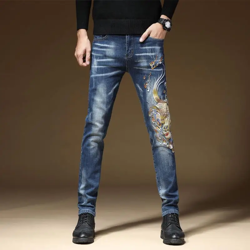 High Quality Men’s Slim-fit Stretch Denim Pants,Trendy Embroidery Decors Scratches Casual Pants, Stylish Sexy Street Jeans Pants