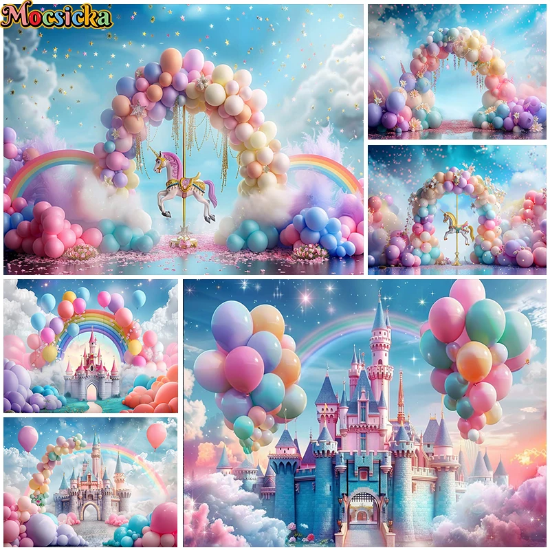 

Mocsicka Photography Background Kids Birthday Party Cake Smash Rainbow Balloon Castle Unicorn Decor Backdrop Photo Studio