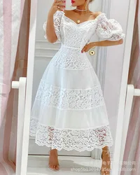 Women's Dress Fashion New V-Neck Lace Panel Large Swing Dress Temperament Elegant White Skirt Vestidos