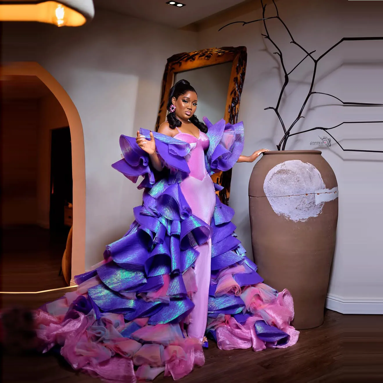 

Luxury Purple Ruffled Ball Gown Evening Dress for Cocktail Party Prom Formal Wear Women's Satin Tulle Gown Long Train Dress