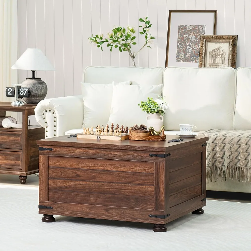 Rustic Farmhouse Coffee Table with Hidden Storage, Large Square Living Room Center Table, Retro Flip-Top Cocktail Tables