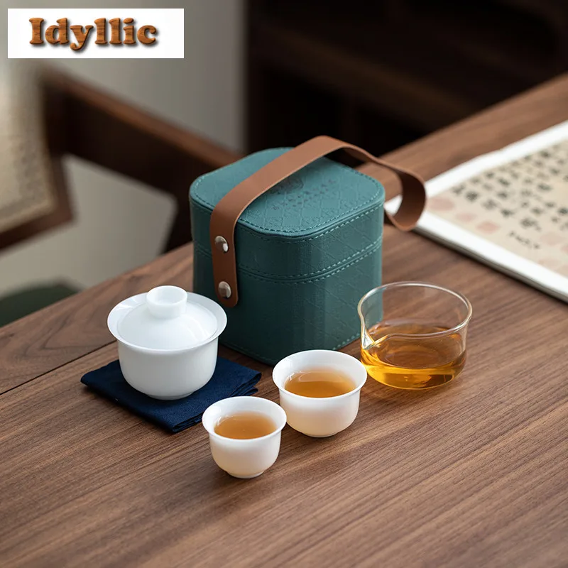 Mutton Fat Jade Porcelain Ice Seed Travel Tea Set Kit Elegant 1 Pot 2 Cups Tea Maker Organizer Portable Picnic Handbag Supplies