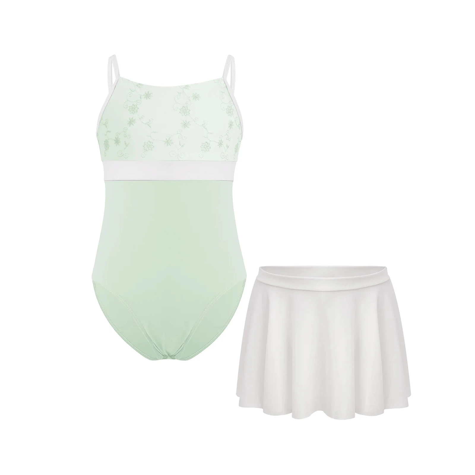 

Kids Girls Gymnastics Ballet Leotard Outfits Sleeveless Spaghetti Straps Floral Embroidery Color Block Dance Leotard+Skirt Dress