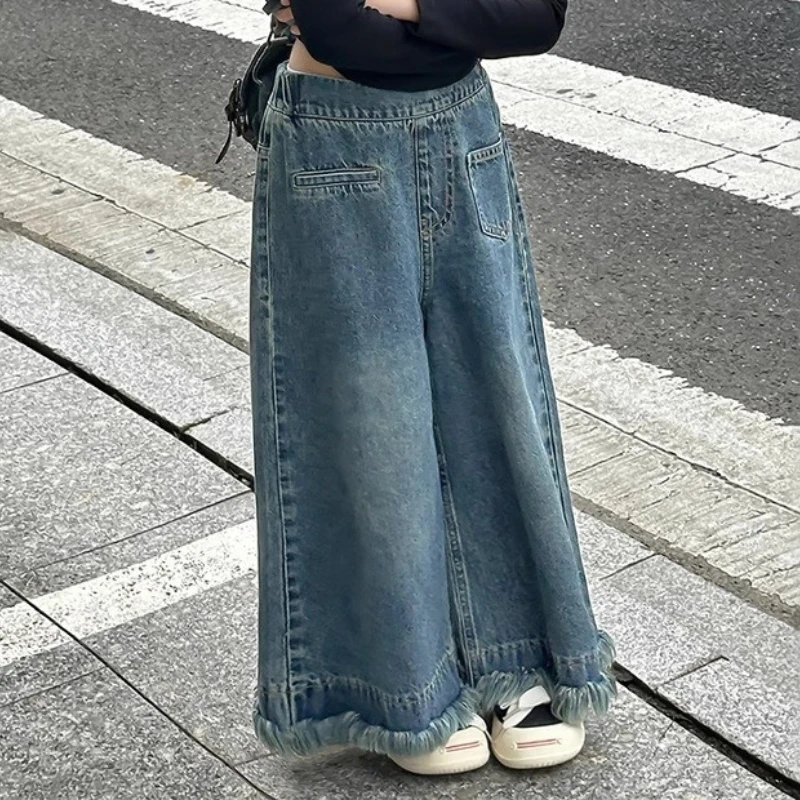 Girls' Clothing Summer New Children's Long Style Slim Fit, High Visibility, Wide Leg Fringed Jeans for Children