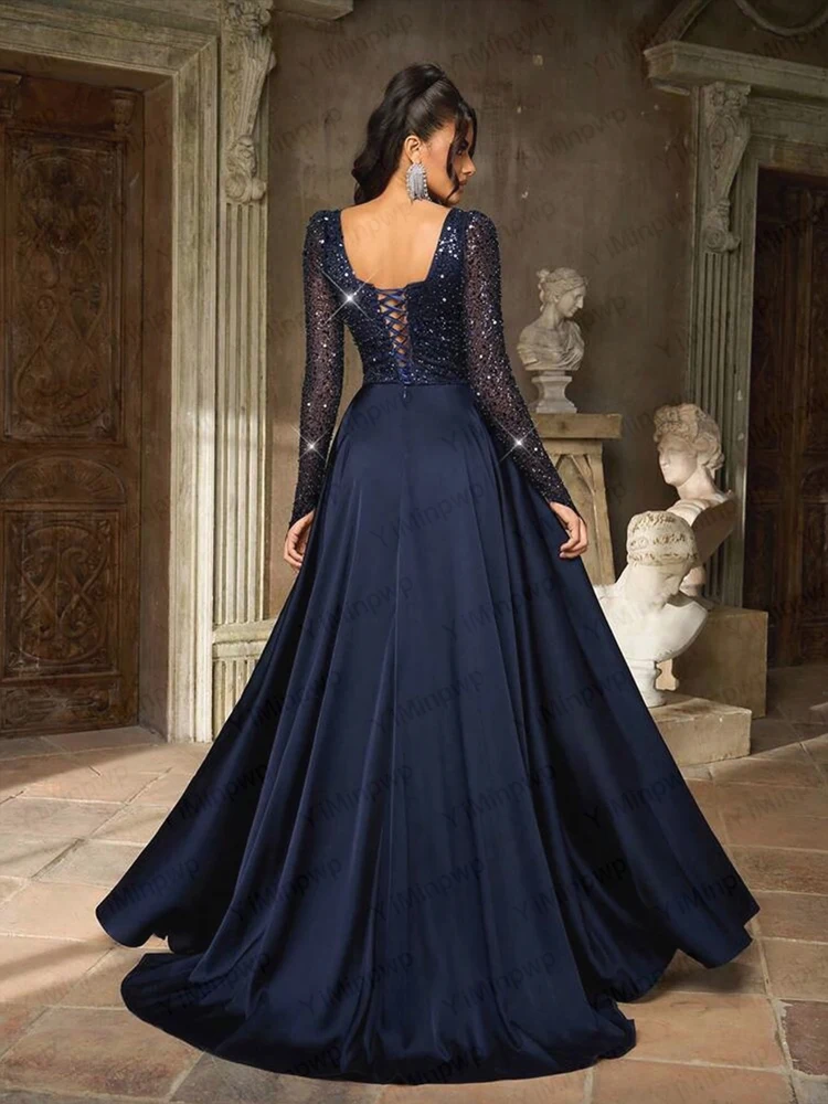 فساتين سهرة فاخرة بياقة مربعة وأكمام طويلة بفتحة هيو أزرق كحلي للحفلات الراقصة فستان حفلات الزفاف مخصص رداء السهرة