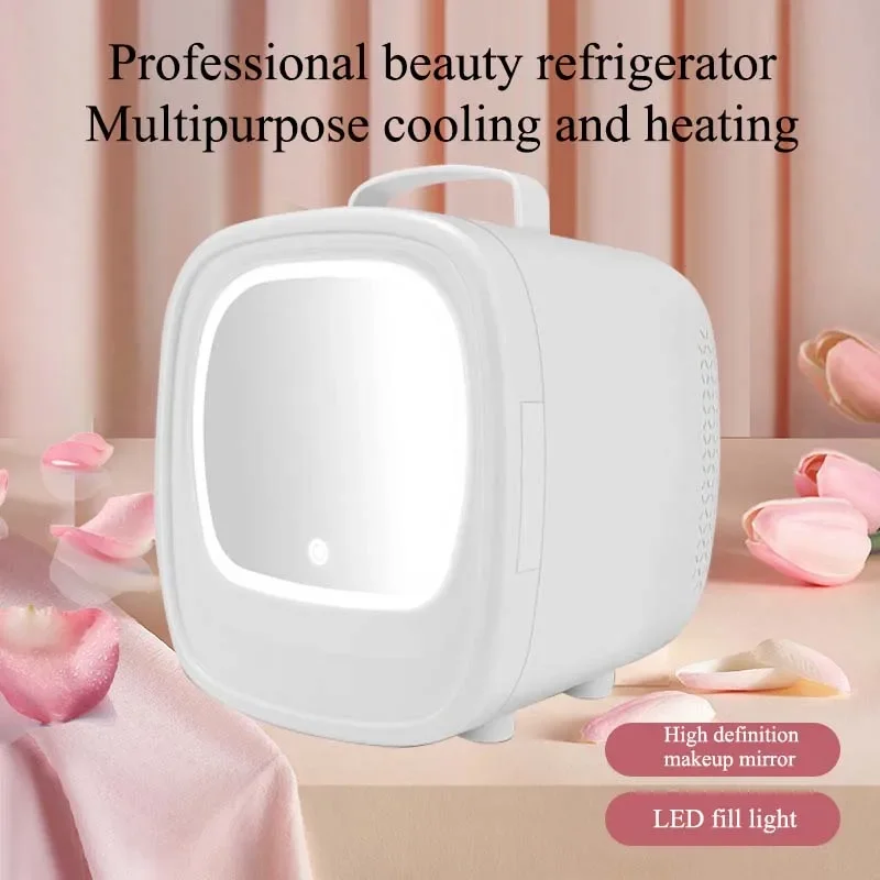 Mini carro e casa dupla utilização beleza geladeira, espelho superfície geladeira, máscara facial, cosméticos refrigerador com luz LED, 6L