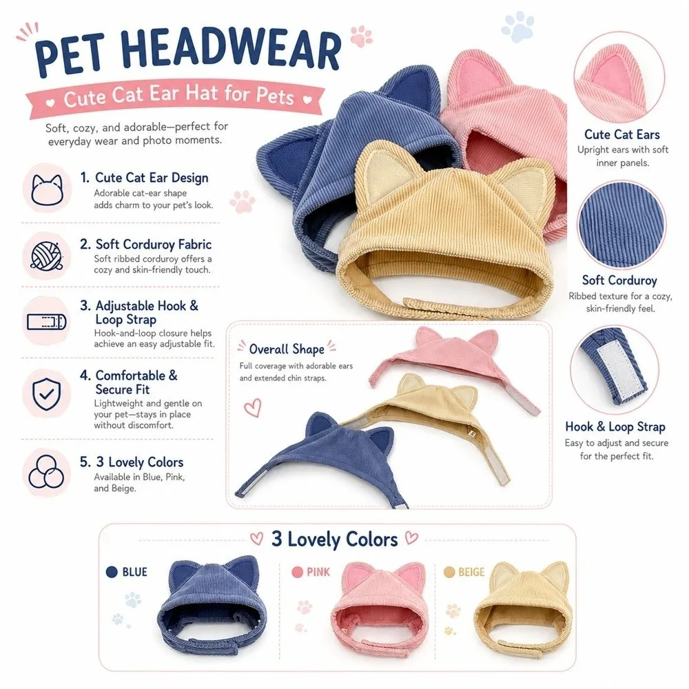 Solid Color Pet Headgear Adjustable Velcro Lightweight Cat Ear Hat Warm Protection Cold Resistant Windproof Pet Hat