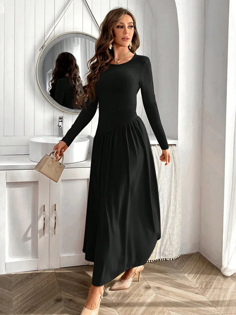 Women Solid Full Sleeve Dresses Autumn And Winter Sexy Black Long Dress Patchwork Fold Slim Fit Casual Shirt Fashion Y2k Clothes