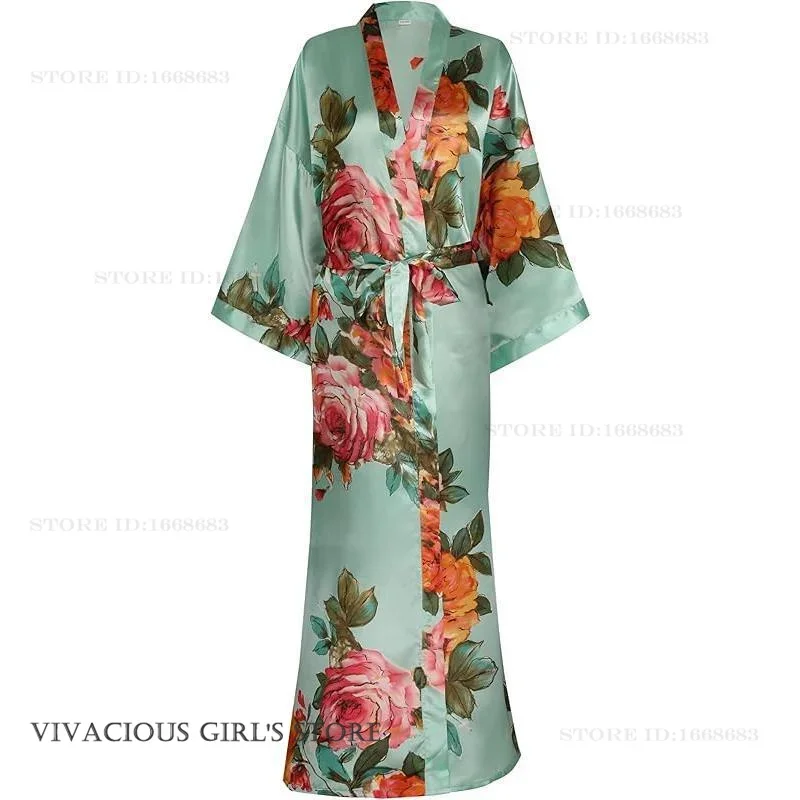 

Новая женская длинная накидка-кимоно с цветочным принтом для весны и лета, сексуальный шелковый атласный халат-кимоно, ночная сорочка, свободное домашнее платье