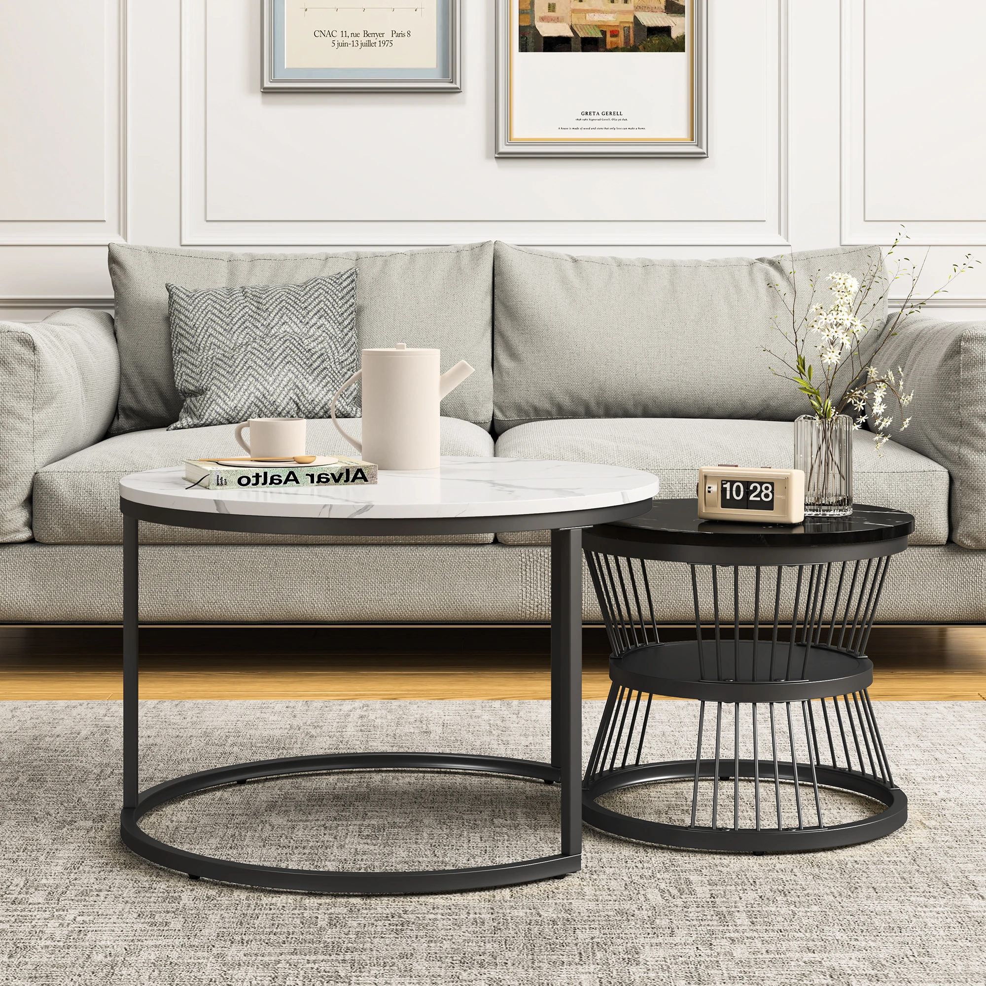 Okrągły stolik kawowy, zestaw 2-suwowych nowoczesnych stolików kawowych ze sztucznym marmurowym blatem, czarna metalowa rama Czarno-biały stół do