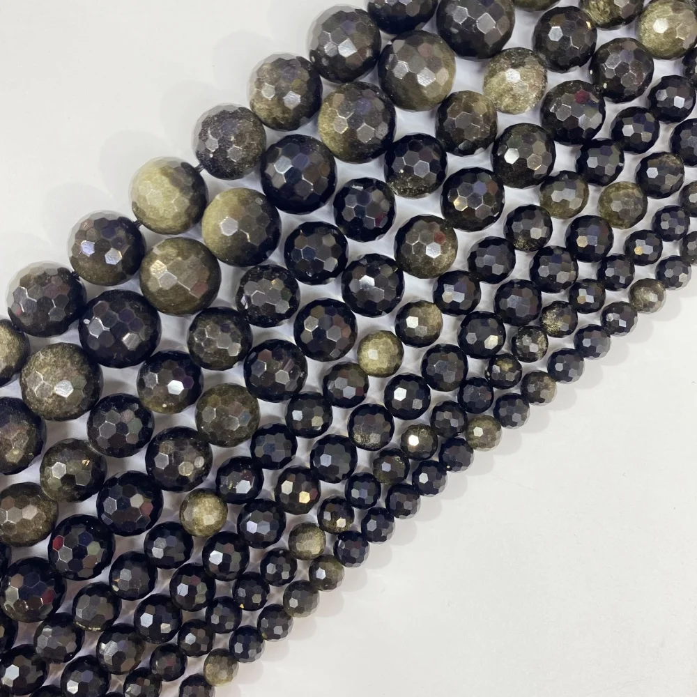 

Natural Stone Faceted Golden Obsidian Bead Round Loose Spacer 6 8 10 12mm For Jewelry Making Diy Bracelet Necklace Accessory