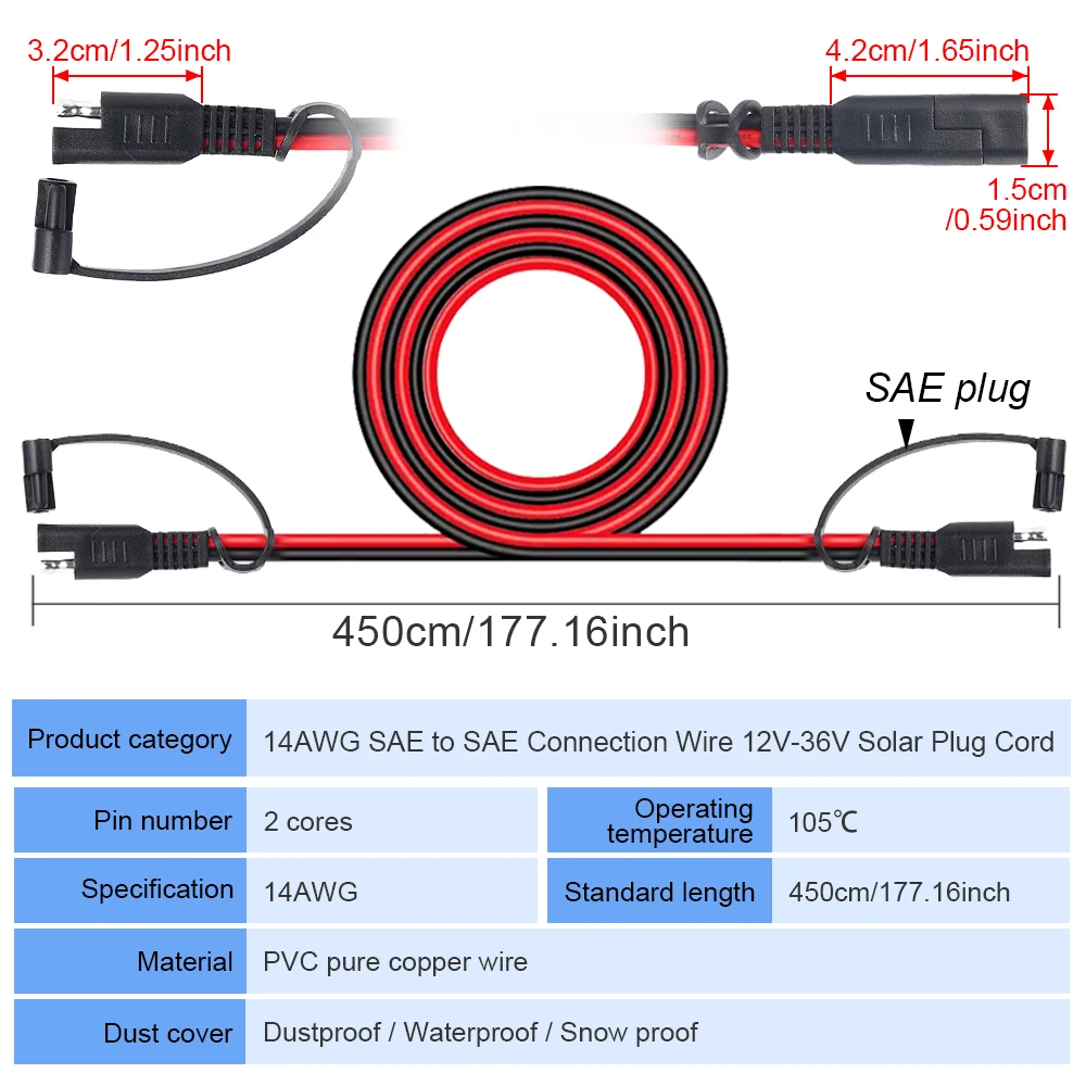 14AWG SAE To SAE Battery Charging Cable 12V-36V Solar Plug Cord Car Extension Cable Waterproof Solar Vehicle Battery Power Cable