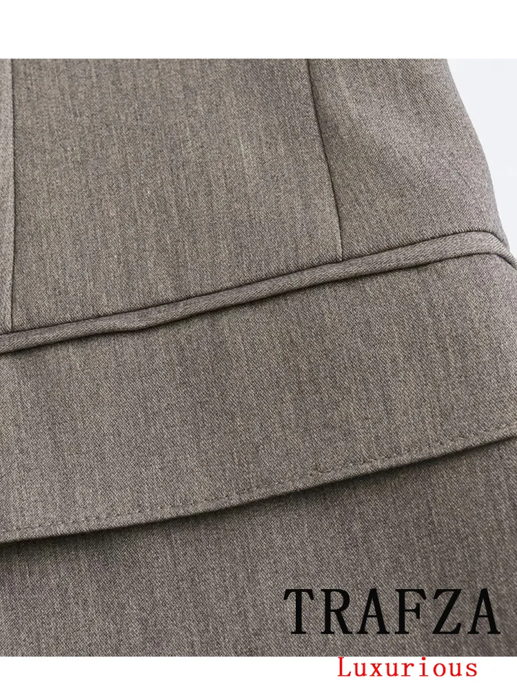 TRAFZA Vintage Office Lady Gray Solid Women Suit V Neck Double Breasted Blazer Straight Loose Pants Fashion 2024 Spring Sets