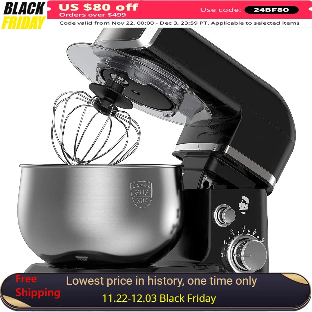 Electric Food Mixer, 6 Speeds with Stainless Steel Bowl Tilt-Head Dough Mixer, Dough Hook, Splash Guard & Scraper, Stand Mixer