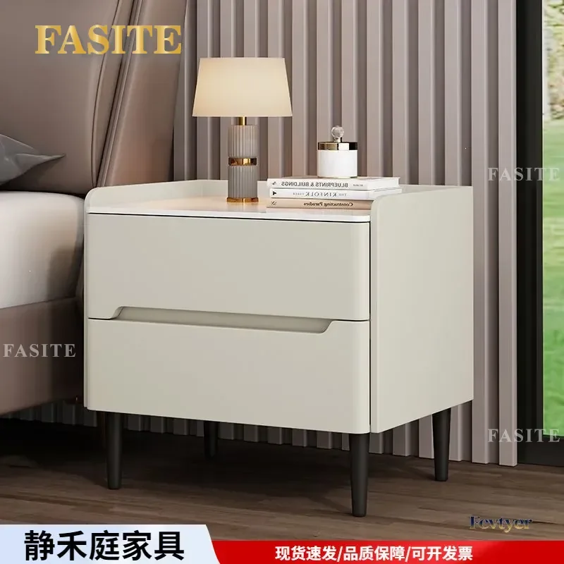 For Bedroom Light Luxury Bedside Table Modern Rock Slab Solid Wood Storage Cabinet with Password Lock Leather