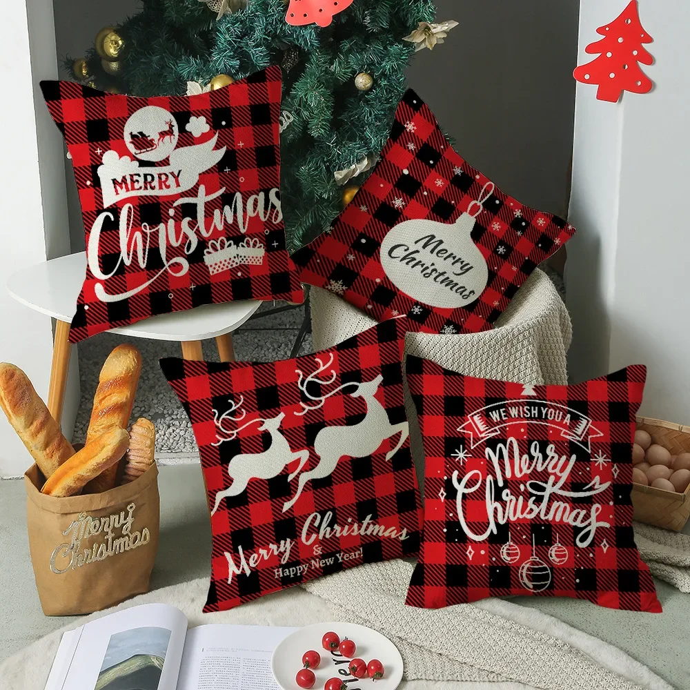 2023 Cross-border  Retro Plaid Christmas Pillow Cover Linen Printed Holiday Pillow Cartoon Cushion Cover