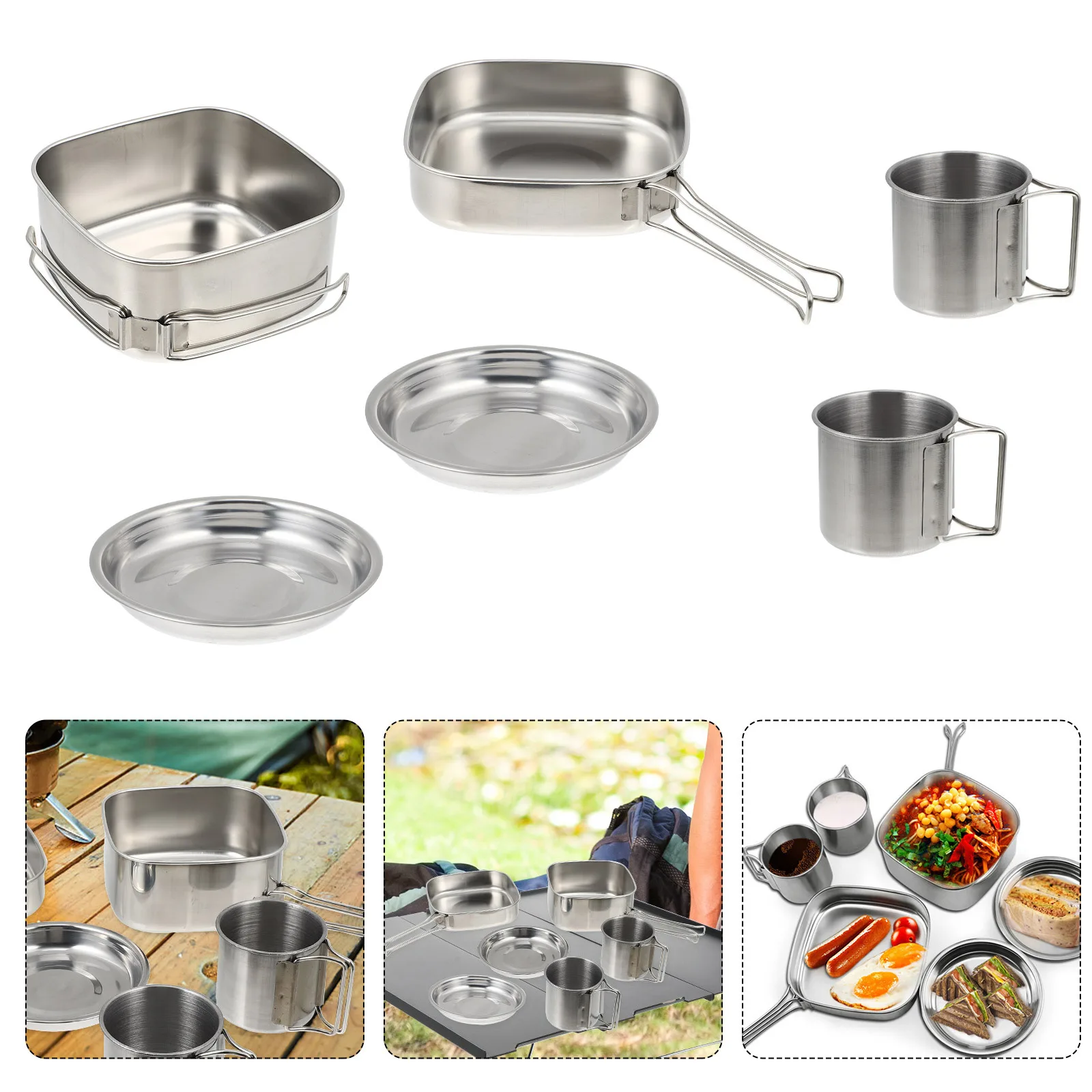 

1 set 1 Set Outdoor Cookware Stainless Steel Camping Cooking Pot Portable For Picnic Hiking Climbing Bbq Cooking Utensils Set